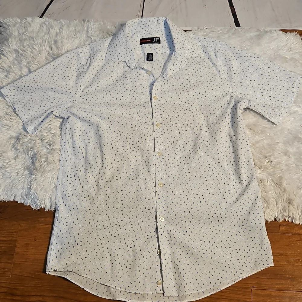 J Ferrar Mens Slim Fit Short Sleeve‎ Button Down Shirt White Blue Dash Medium